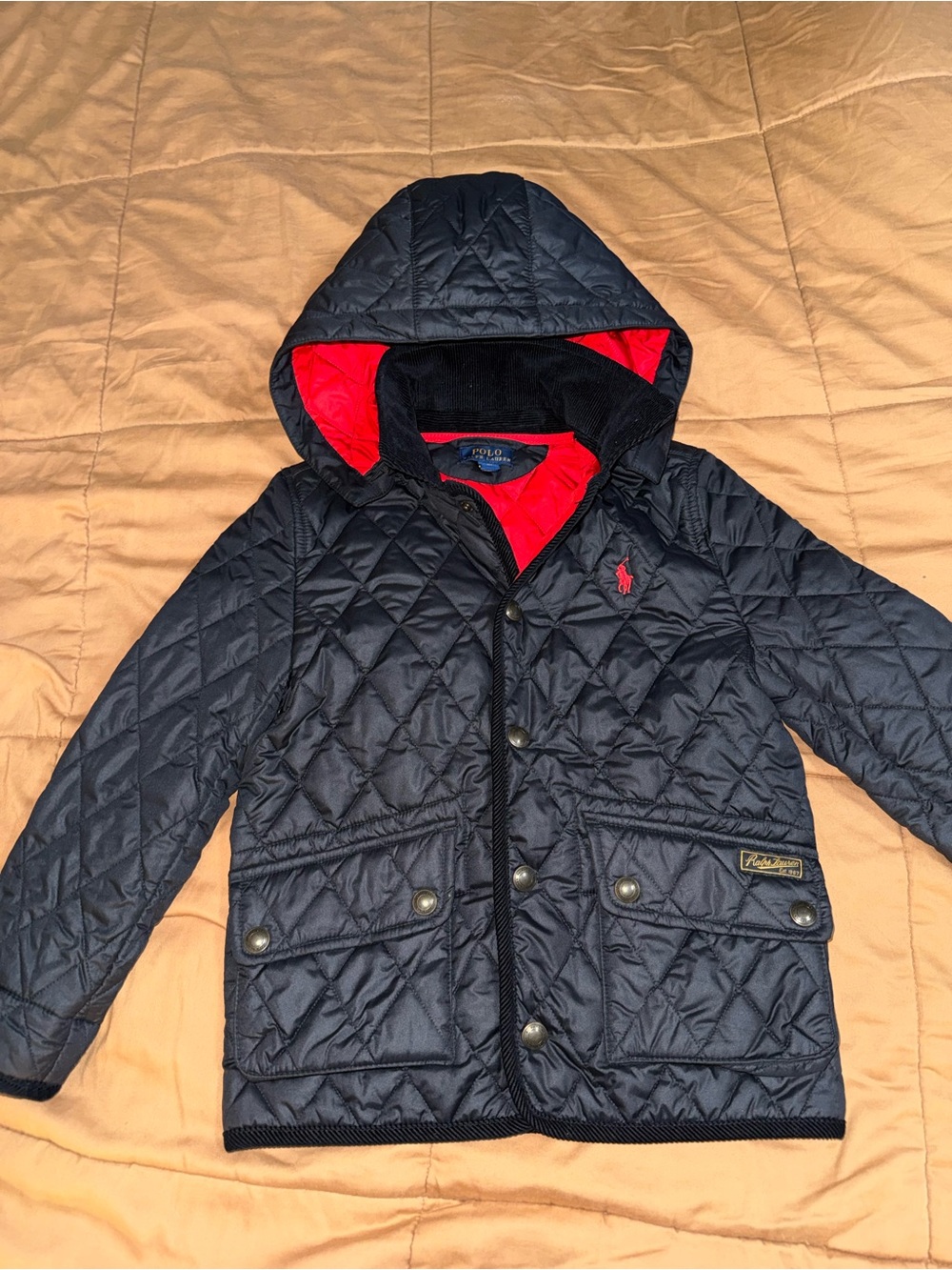 Ralph Lauren Quilted Hooded Barn Jacket Black Size 6 Unisex, Detachable Hooded